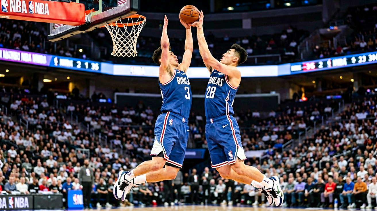 NBA篮球比赛中球员空中对抗上篮的激烈场面